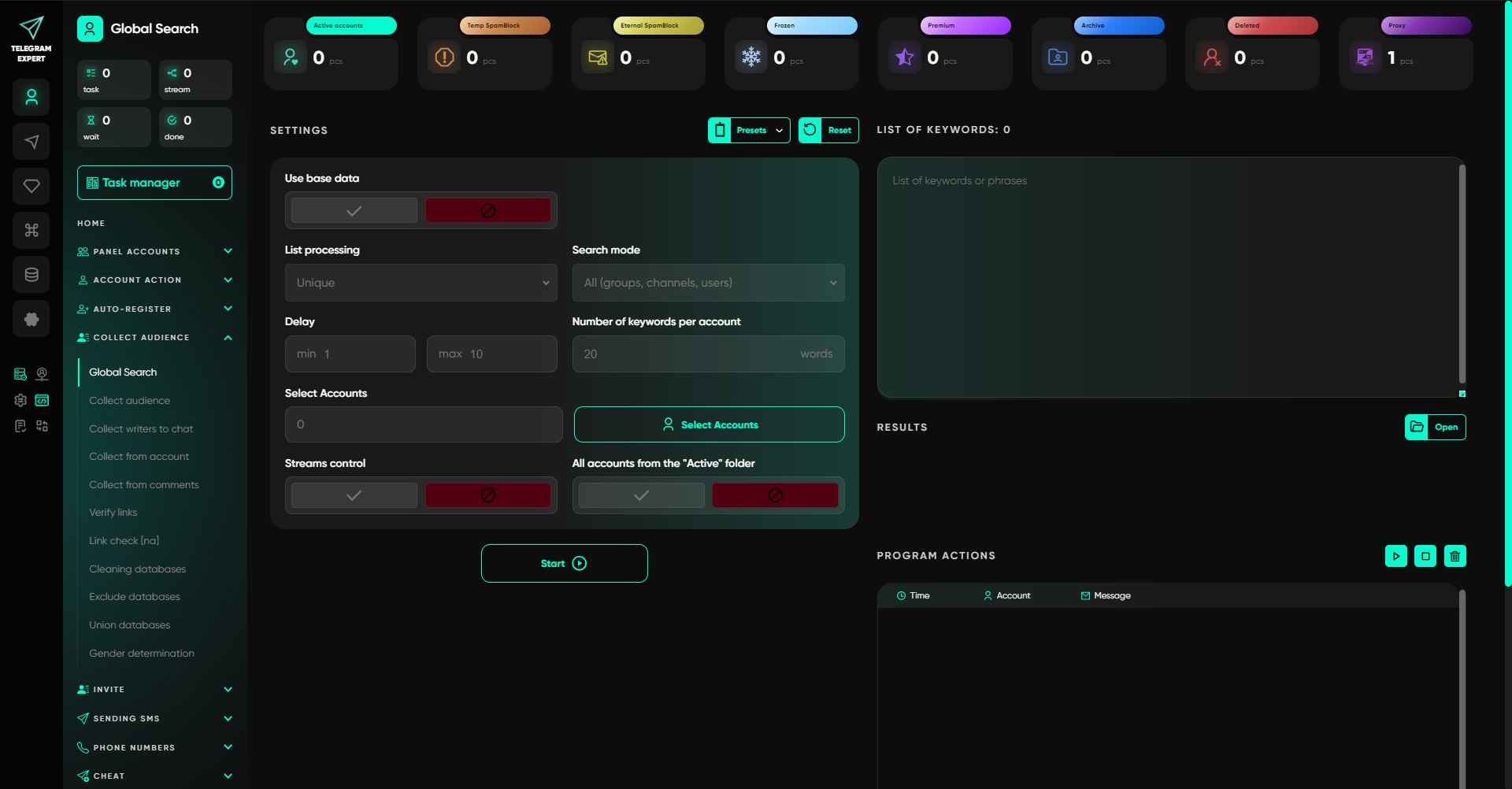 Telegram Expert Global Search interface