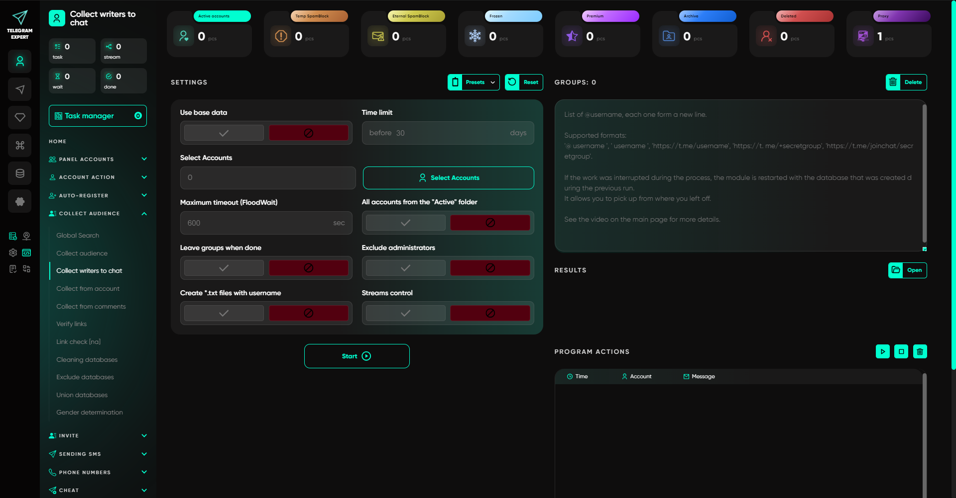Telegram Expert Collect writers to chat interface