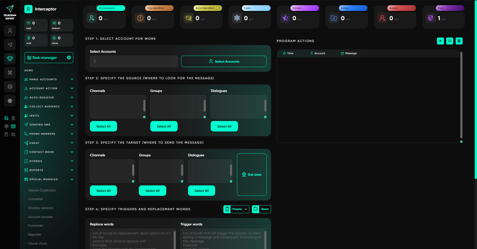 Telegram Expert Interceptor interface