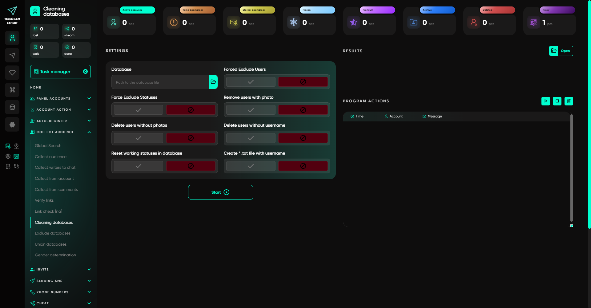 Telegram Expert database cleaning interface